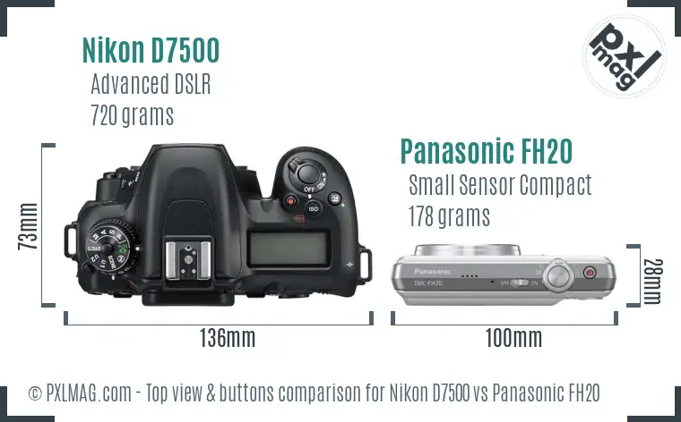 Nikon D7500 vs Panasonic FH20 top view buttons comparison