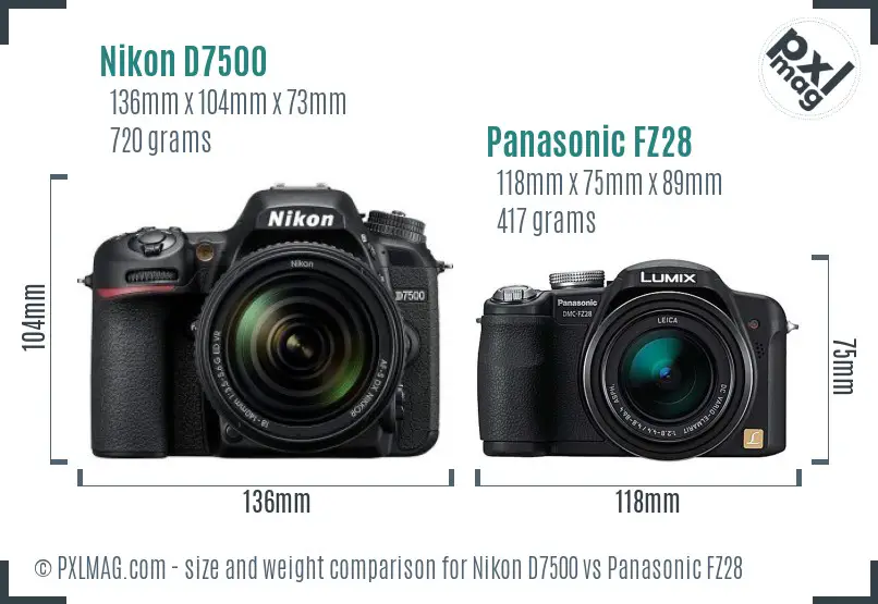 Nikon D7500 vs Panasonic FZ28 size comparison