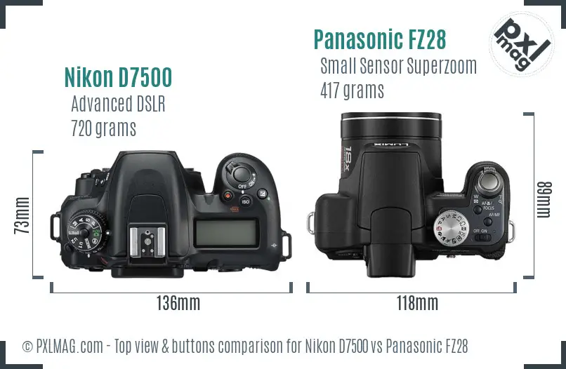 Nikon D7500 vs Panasonic FZ28 top view buttons comparison