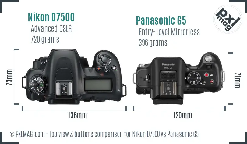 Nikon D7500 vs Panasonic G5 top view buttons comparison
