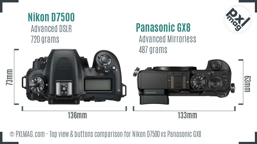 Nikon D7500 vs Panasonic GX8 top view buttons comparison