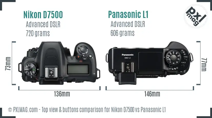 Nikon D7500 vs Panasonic L1 top view buttons comparison