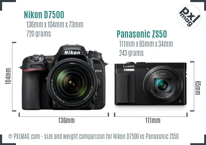 Nikon D7500 vs Panasonic ZS50 size comparison