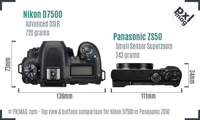 Nikon D7500 vs Panasonic ZS50 top view buttons comparison