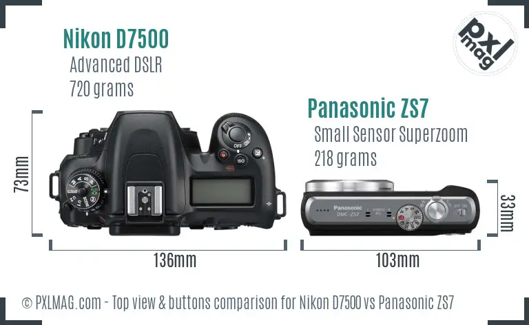 Nikon D7500 vs Panasonic ZS7 top view buttons comparison