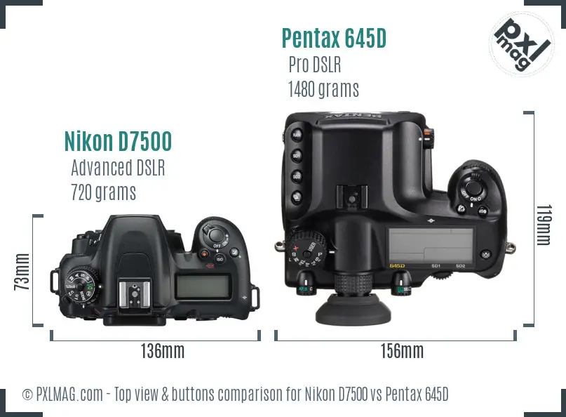 Nikon D7500 vs Pentax 645D top view buttons comparison