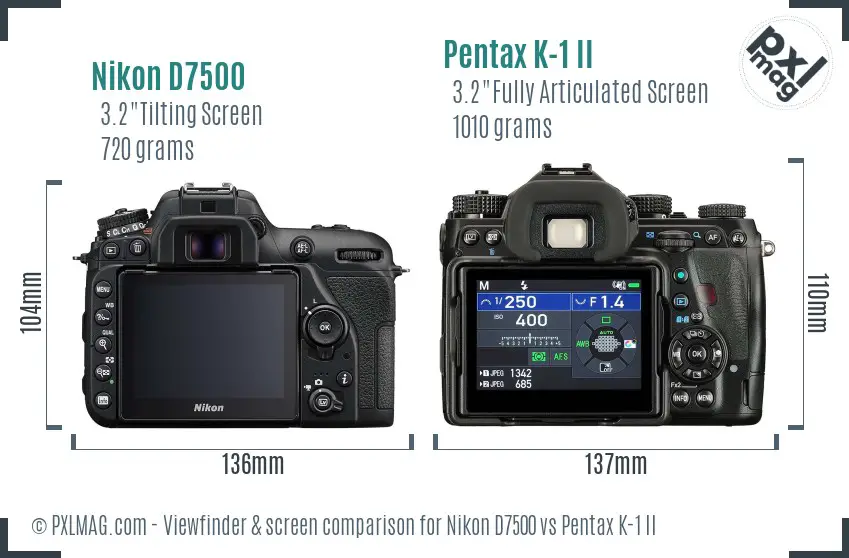 Nikon D7500 vs Pentax K-1 II Screen and Viewfinder comparison