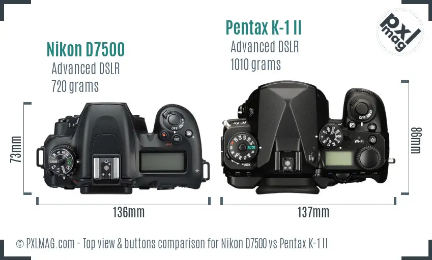 Nikon D7500 vs Pentax K-1 II top view buttons comparison