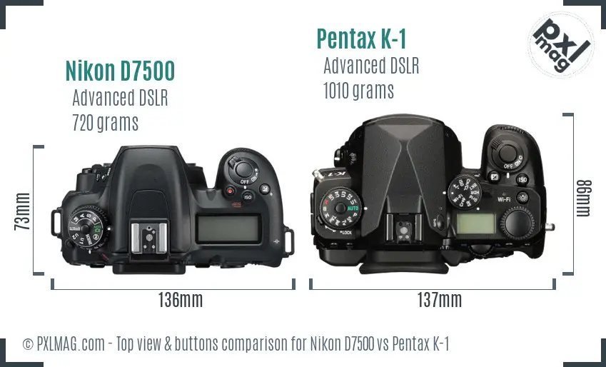 Nikon D7500 vs Pentax K-1 top view buttons comparison