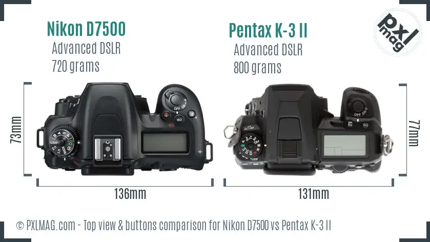 Nikon D7500 vs Pentax K-3 II top view buttons comparison