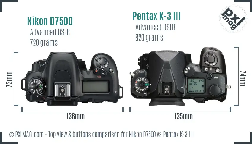 Nikon D7500 vs Pentax K-3 III top view buttons comparison