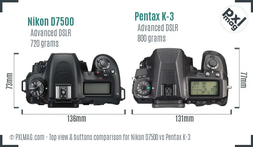 Nikon D7500 vs Pentax K-3 top view buttons comparison