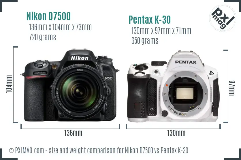 Nikon D7500 vs Pentax K-30 size comparison
