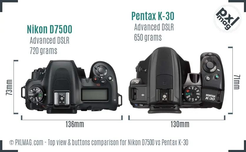 Nikon D7500 vs Pentax K-30 top view buttons comparison