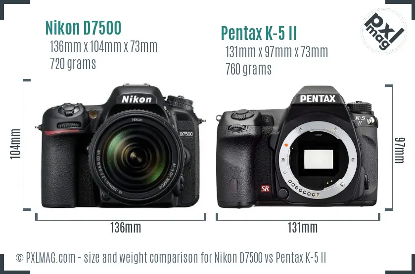 Nikon D7500 vs Pentax K-5 II size comparison