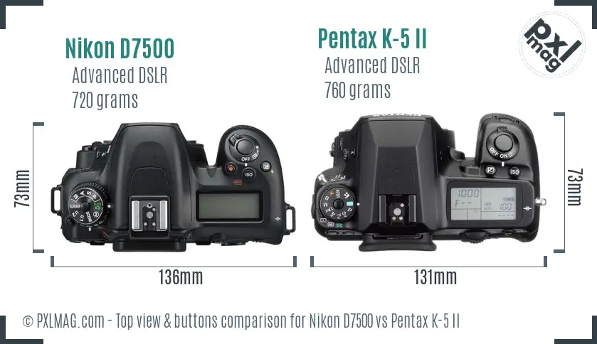 Nikon D7500 vs Pentax K-5 II top view buttons comparison