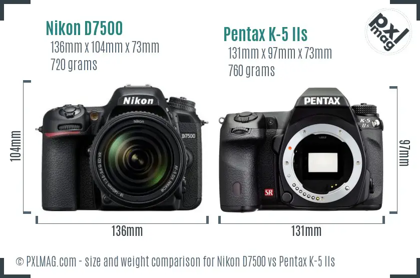Nikon D7500 vs Pentax K-5 IIs size comparison