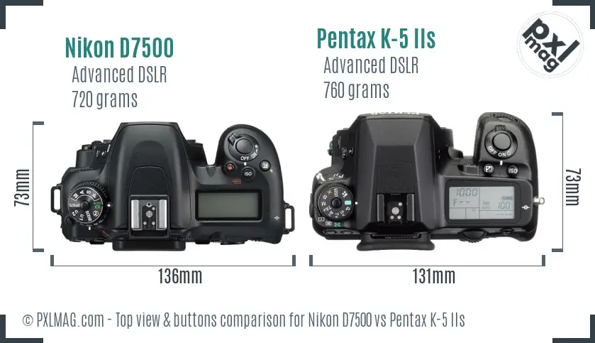 Nikon D7500 vs Pentax K-5 IIs top view buttons comparison