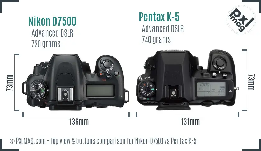 Nikon D7500 vs Pentax K-5 top view buttons comparison