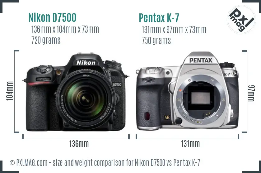 Nikon D7500 vs Pentax K-7 size comparison