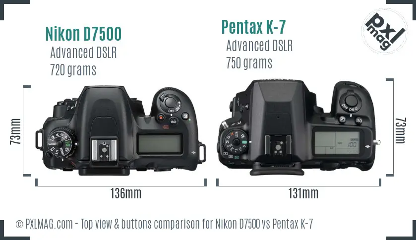 Nikon D7500 vs Pentax K-7 top view buttons comparison