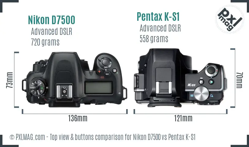 Nikon D7500 vs Pentax K-S1 top view buttons comparison