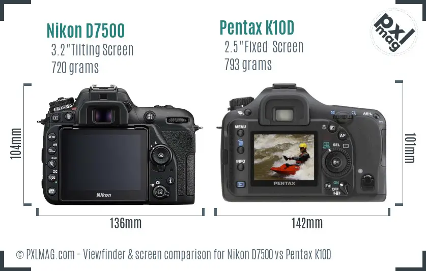 Nikon D7500 vs Pentax K10D Screen and Viewfinder comparison