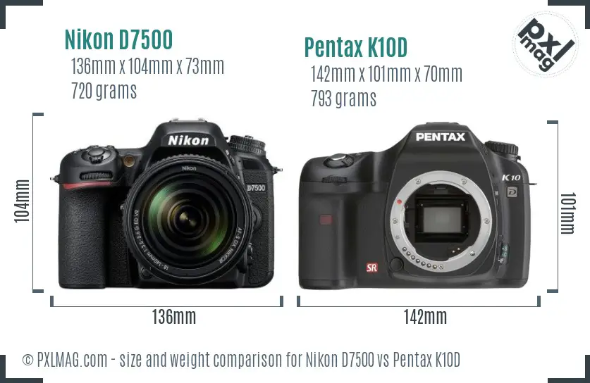 Nikon D7500 vs Pentax K10D size comparison