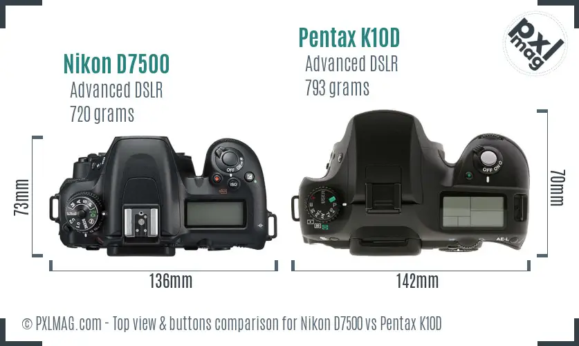Nikon D7500 vs Pentax K10D top view buttons comparison