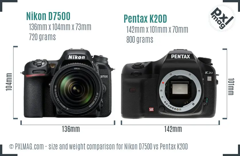 Nikon D7500 vs Pentax K20D size comparison