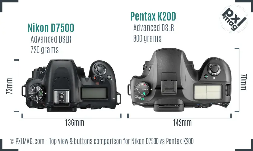 Nikon D7500 vs Pentax K20D top view buttons comparison