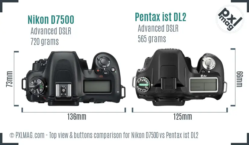 Nikon D7500 vs Pentax ist DL2 top view buttons comparison