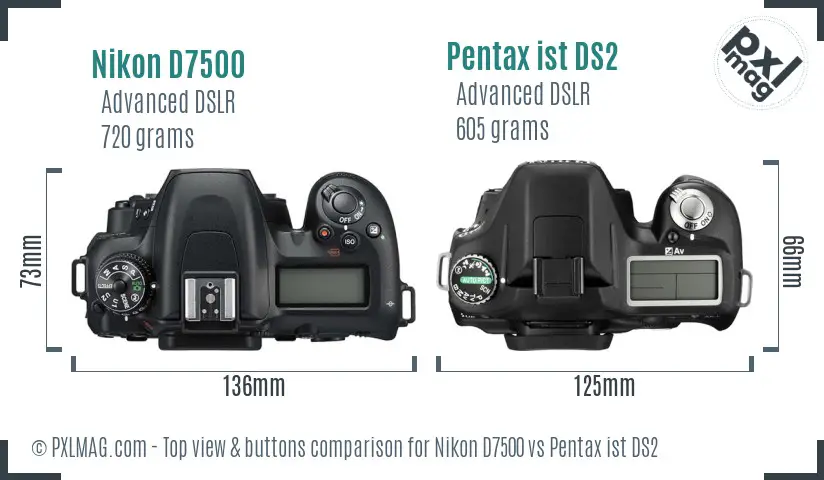 Nikon D7500 vs Pentax ist DS2 top view buttons comparison