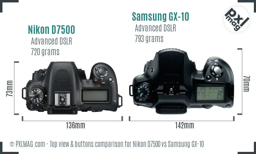 Nikon D7500 vs Samsung GX-10 top view buttons comparison