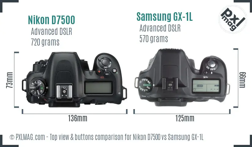 Nikon D7500 vs Samsung GX-1L top view buttons comparison