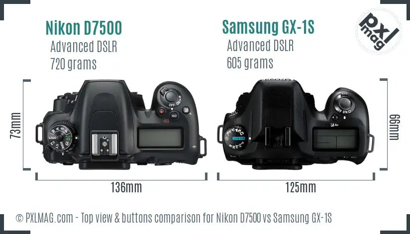 Nikon D7500 vs Samsung GX-1S top view buttons comparison