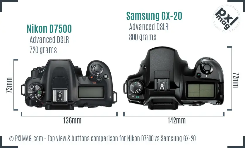 Nikon D7500 vs Samsung GX-20 top view buttons comparison