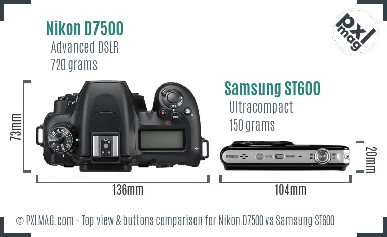 Nikon D7500 vs Samsung ST600 top view buttons comparison