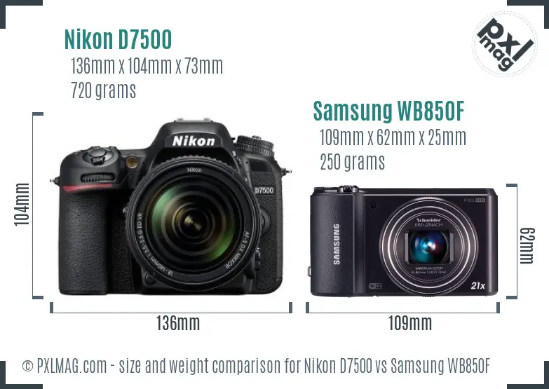 Nikon D7500 vs Samsung WB850F size comparison