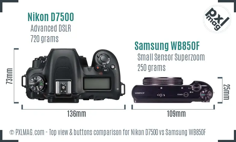 Nikon D7500 vs Samsung WB850F top view buttons comparison