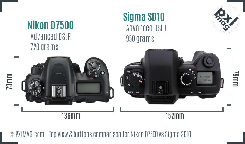 Nikon D7500 vs Sigma SD10 top view buttons comparison
