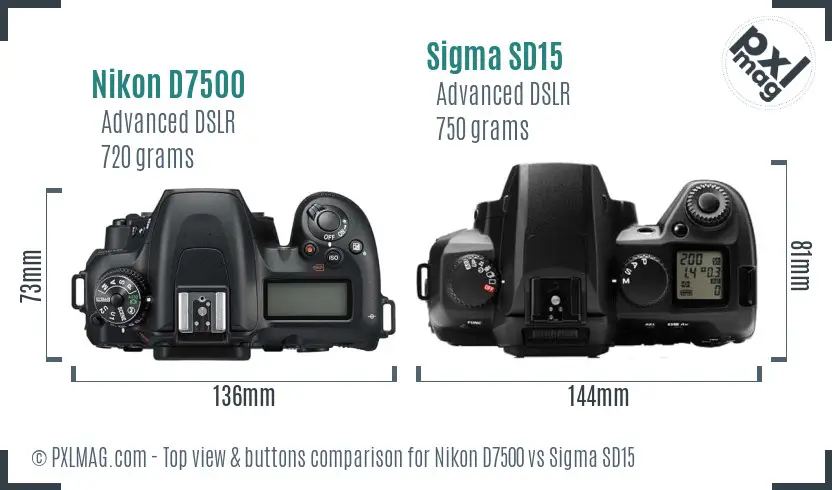 Nikon D7500 vs Sigma SD15 top view buttons comparison
