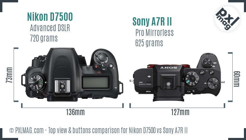 Nikon D7500 vs Sony A7R II top view buttons comparison
