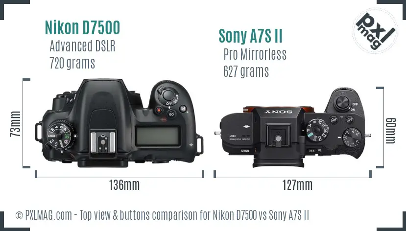 Nikon D7500 vs Sony A7S II top view buttons comparison