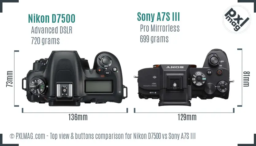 Nikon D7500 vs Sony A7S III top view buttons comparison