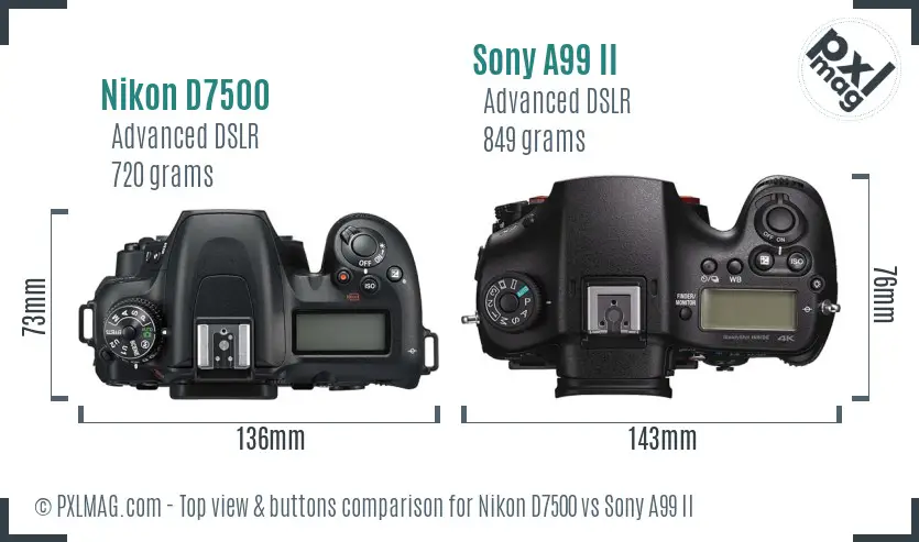 Nikon D7500 vs Sony A99 II top view buttons comparison