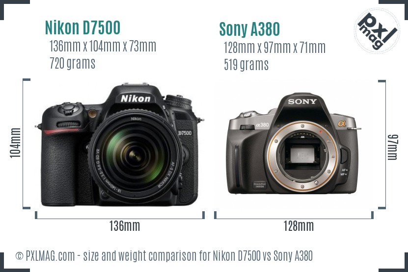 Nikon D7500 vs Sony A380 size comparison Nikon D7500 vs Sony A380 size comparison