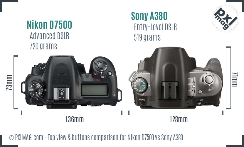 Nikon D7500 vs Sony A380 top view buttons comparison