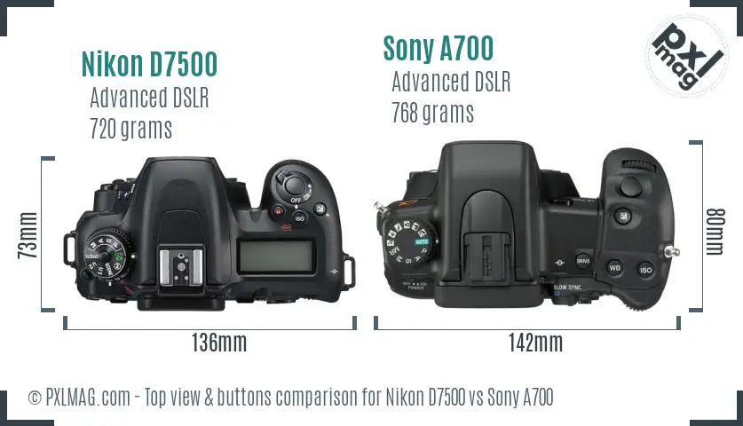 Nikon D7500 vs Sony A700 top view buttons comparison