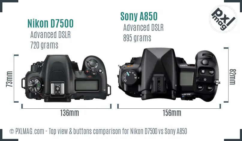 Nikon D7500 vs Sony A850 top view buttons comparison Nikon D7500 vs Sony A850 top view buttons comparison